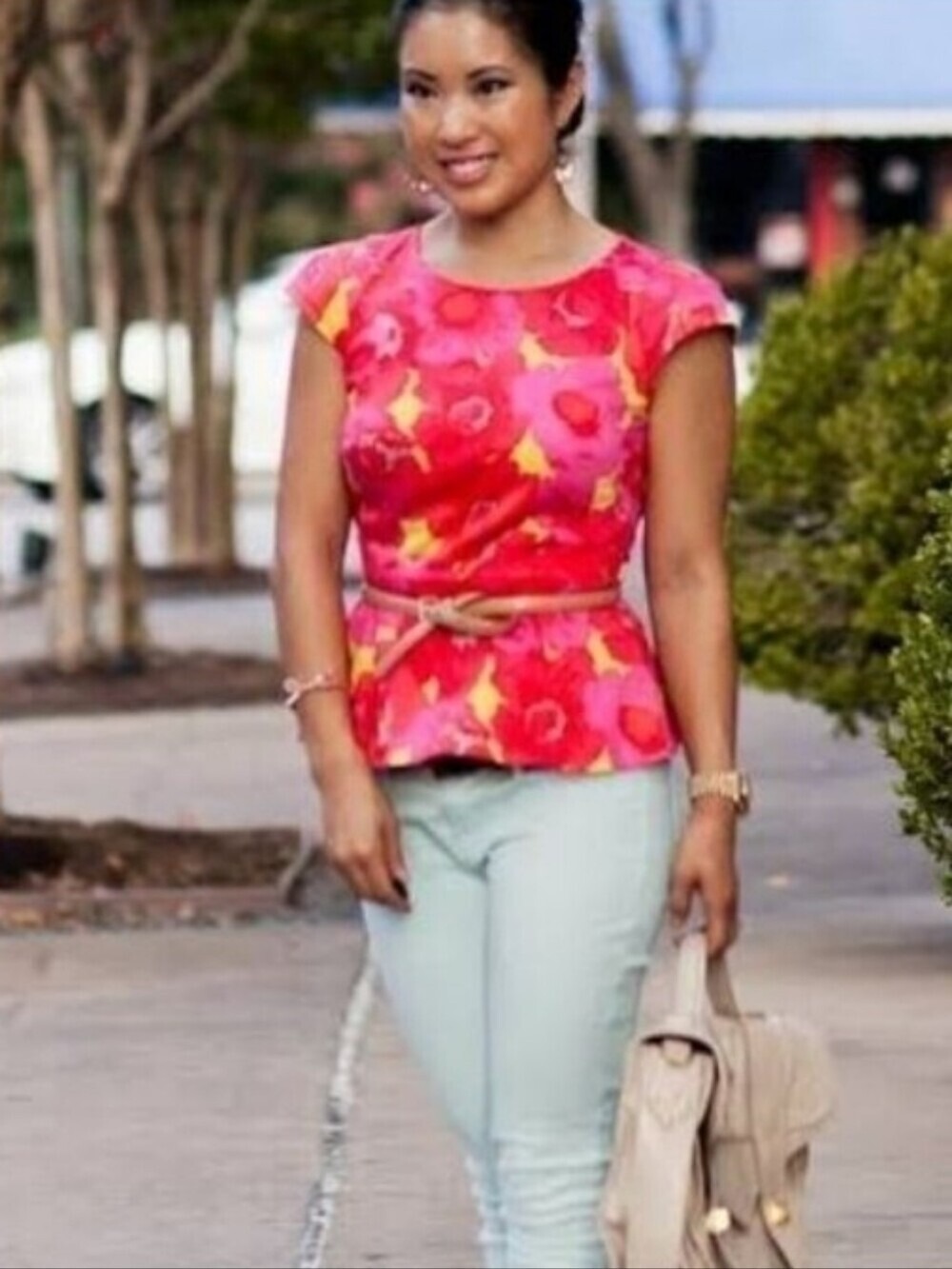 LOFT Pink Coral Floral Short Sleeve Peplum Top Size 4